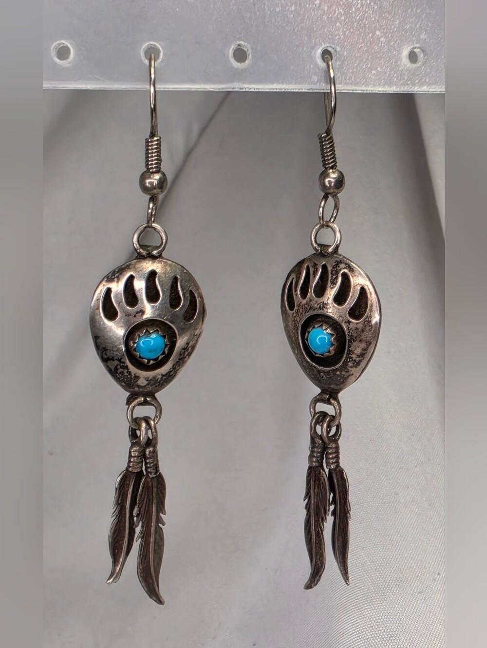 Native American Style Turquoise Bear Claw,Dangly Feather Silver Pierced Earrings